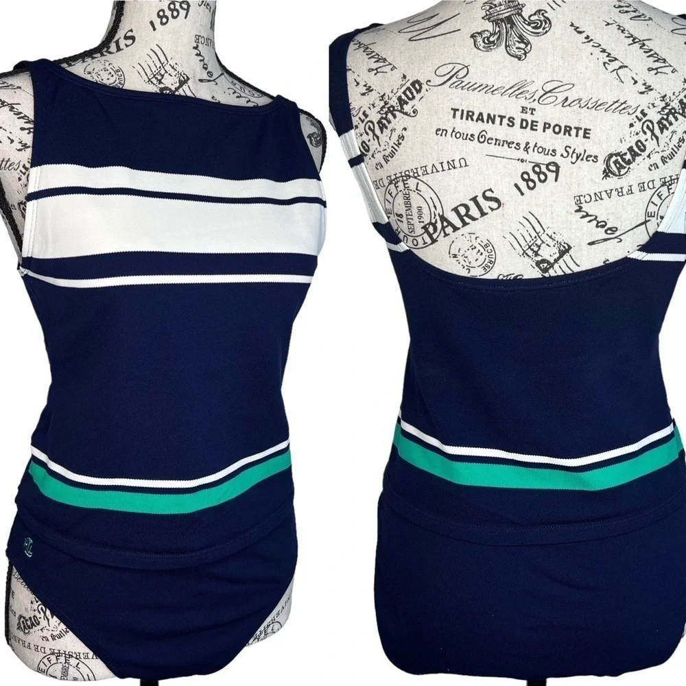 Y2K Lauren Ralph Lauren Tankini 2 Piece Swimsuit Blue Green White Stripes Size S
